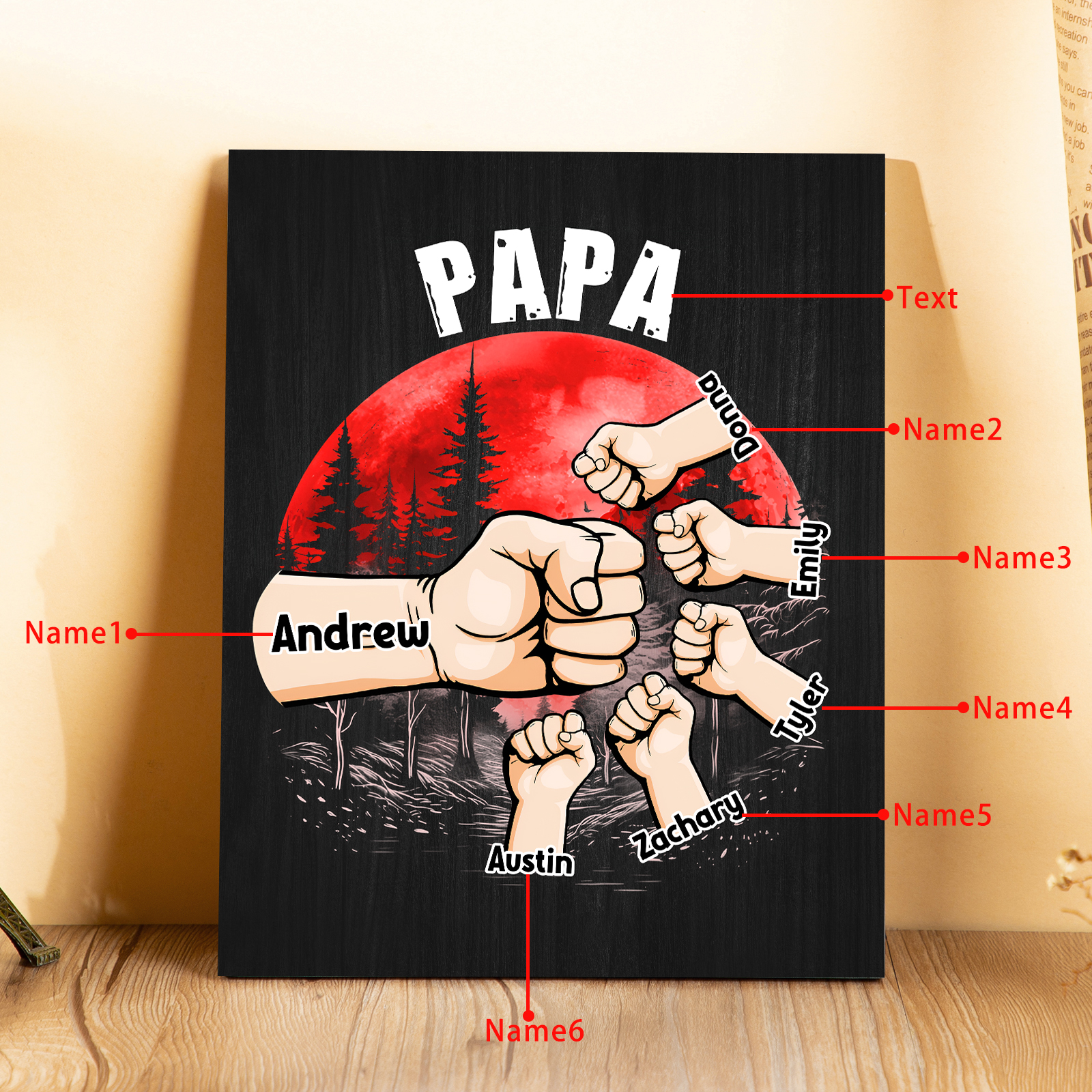 6 Names - Personalised Wooden Ornament Fist Bump Red Forest Style Engraved Name and Text Ornament for Dad