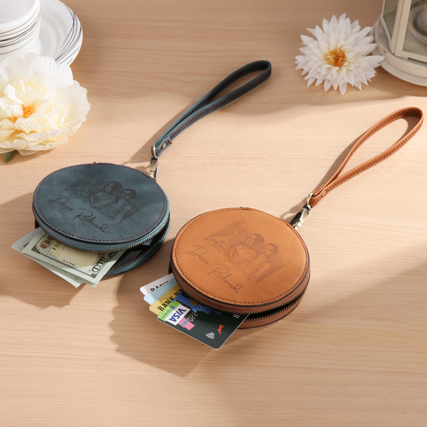 Custom Purse-Personalised Photo Quality Leather Round Zipper Wallet Custom Text Wallet Gift for Her