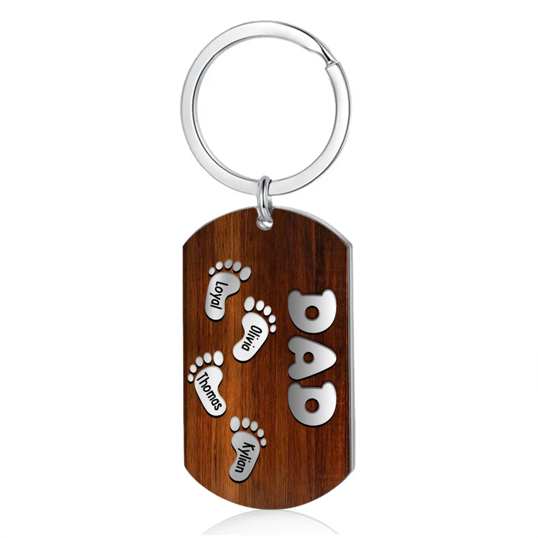 4 Names - Personalised Custom Footprint Pattern Keyring Custom Name and Text Gift for Dad