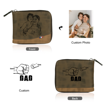 2 Names - Personalised Photo Custom Leather Men's Zipper Wallet as a Father's Day Gift for Dad