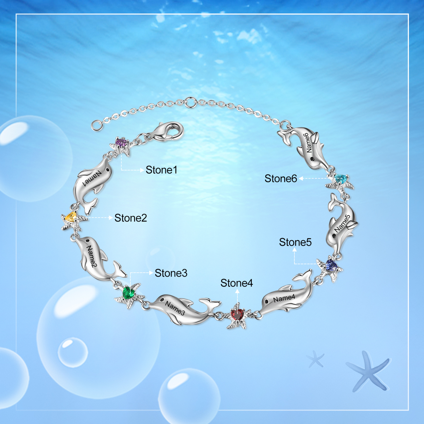 Animal Bracelet Personalized Dolphin Bracelet With 6 Birthstones Engraved Names Starfish Charm Gifts For Her