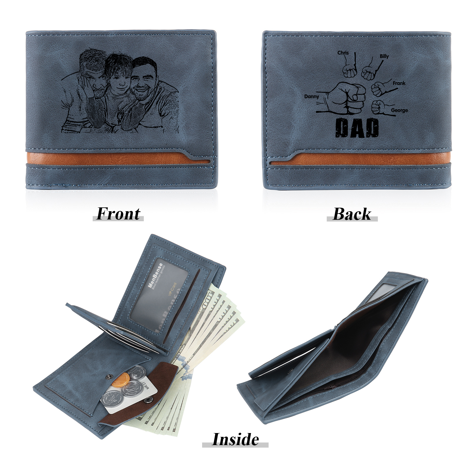 5 Names - Personalised Photo Custom Leather Men's Folding Wallet as a Father's Day Gift for Dad