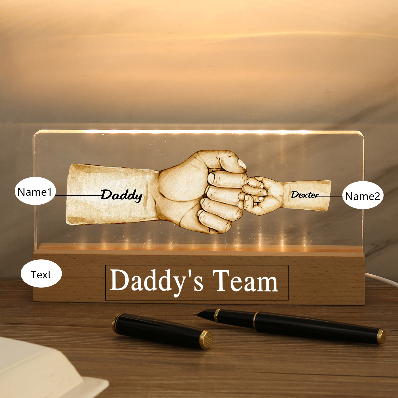 2 Names - Personalised Fist Bump Pattern Table Lamp Customized Text Father's Day Gift for Dad