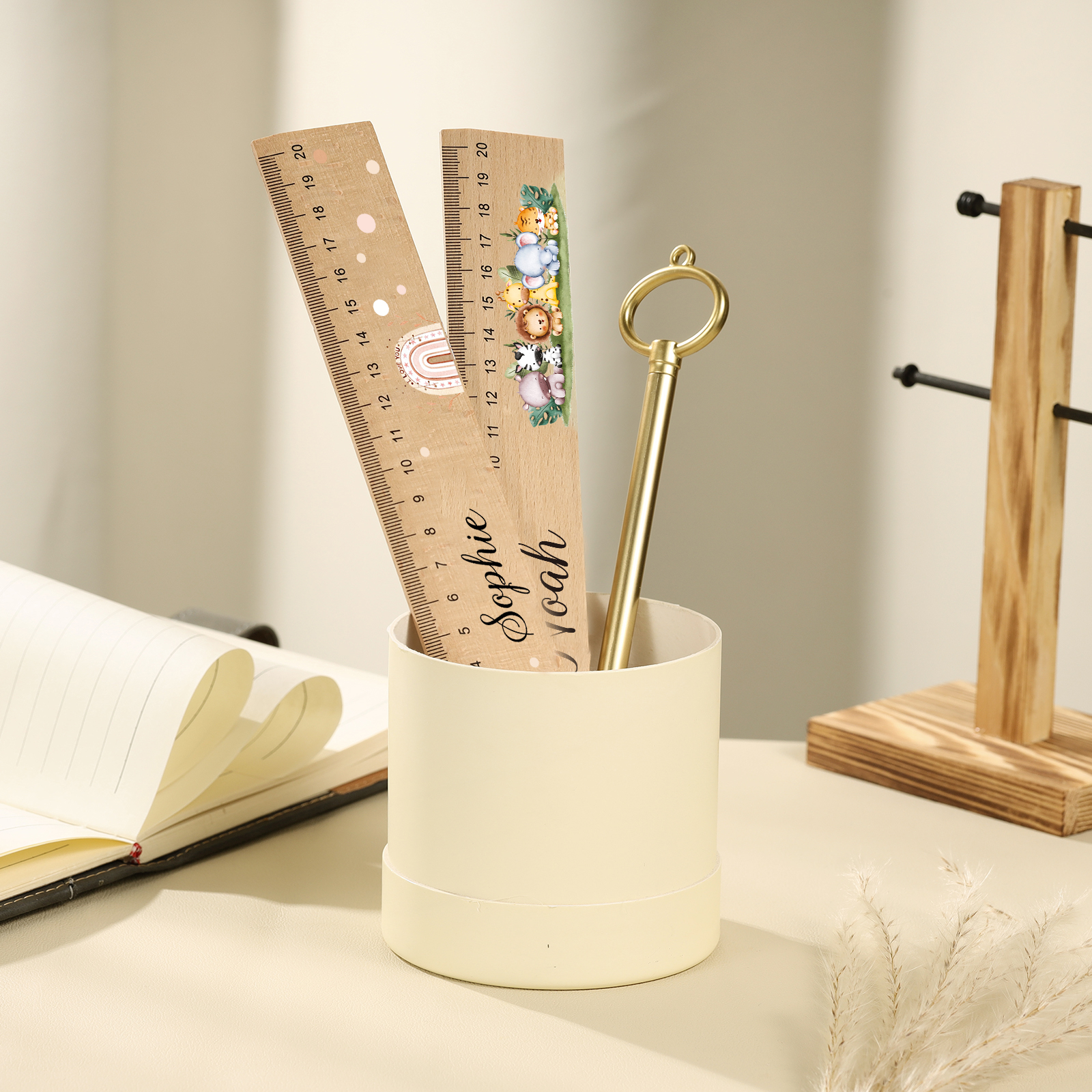 Cute Animal Personalised School Wooden Ruler With Engraved Children's Name - Back to School Suppler Gift for Kids