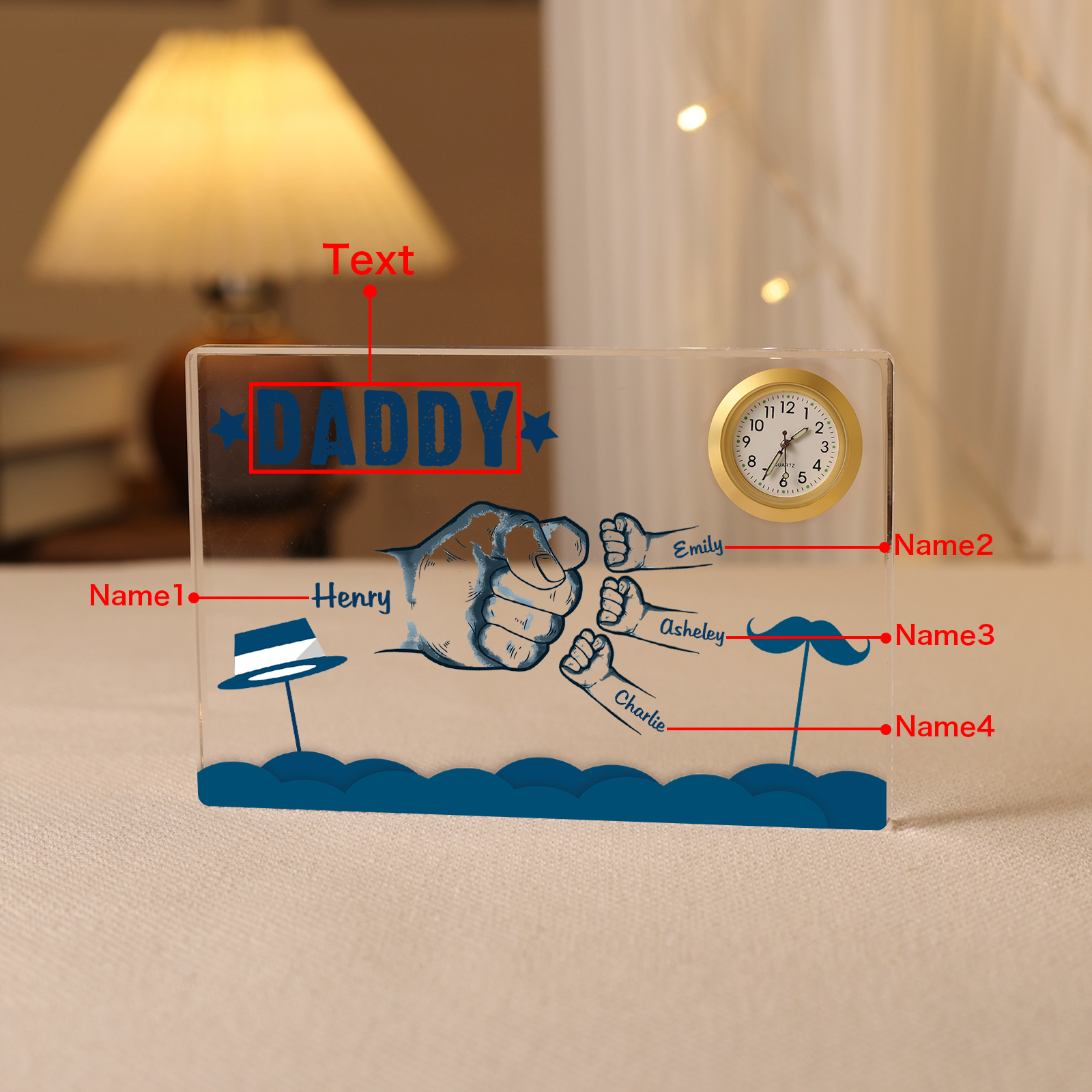 4 Names - Personalised Fist Bump Custom Name Acrylic Clock Ornament Father's Day Gift for Dad