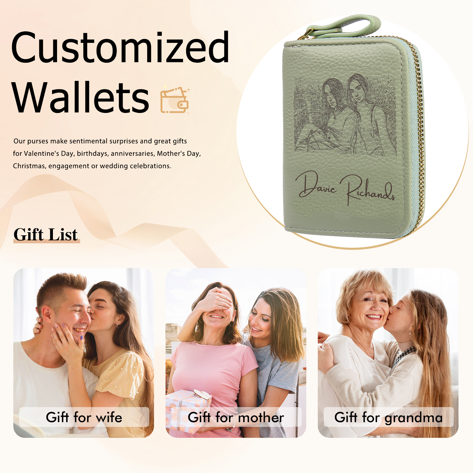 Custom Purse-Personalised Photo Quality Leather Zipper Wallet Custom Text Wallet Gift for Her