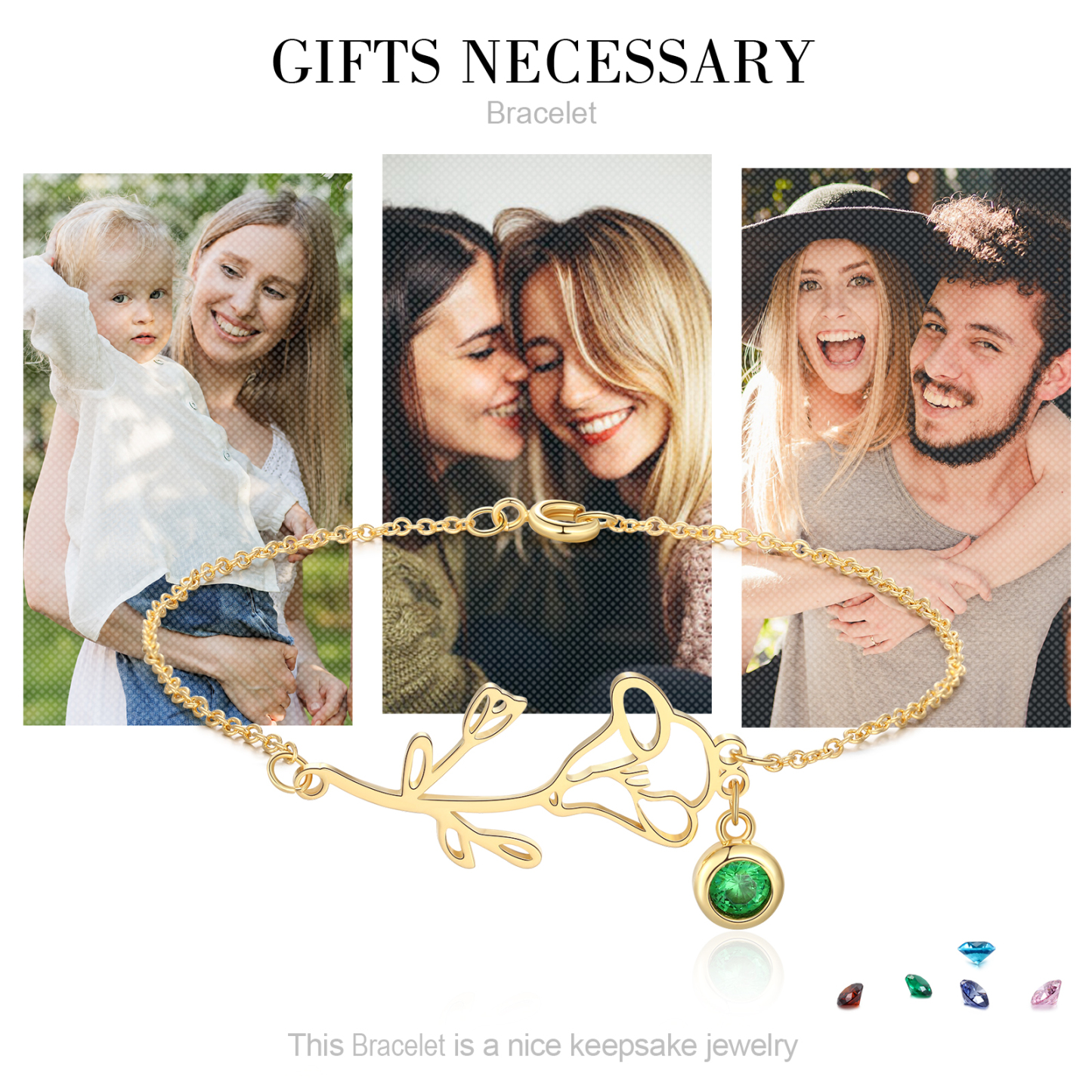 Personalised Birthflower Bracelet With 1 Birthstone Gift For Women