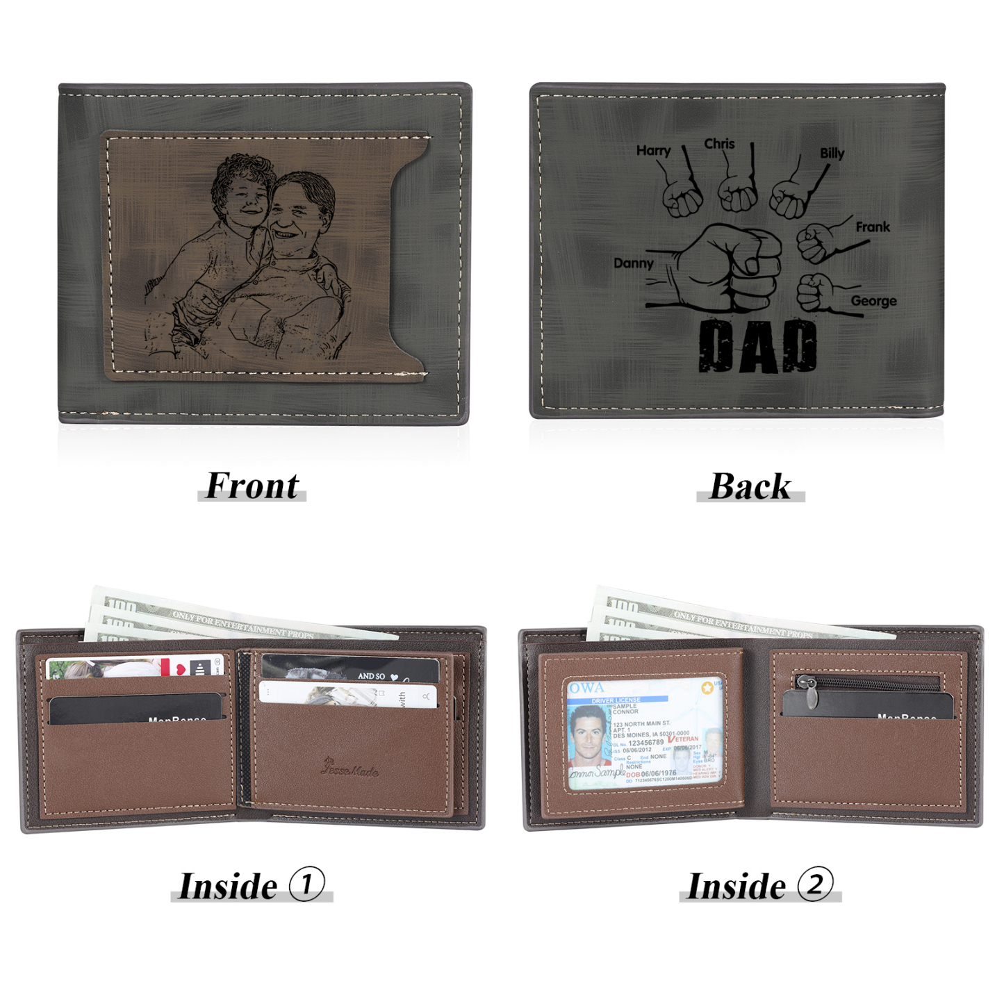 6 Names - Personalised Photo Custom Leather Men's Wallet as a Father's Day Gift for Dad