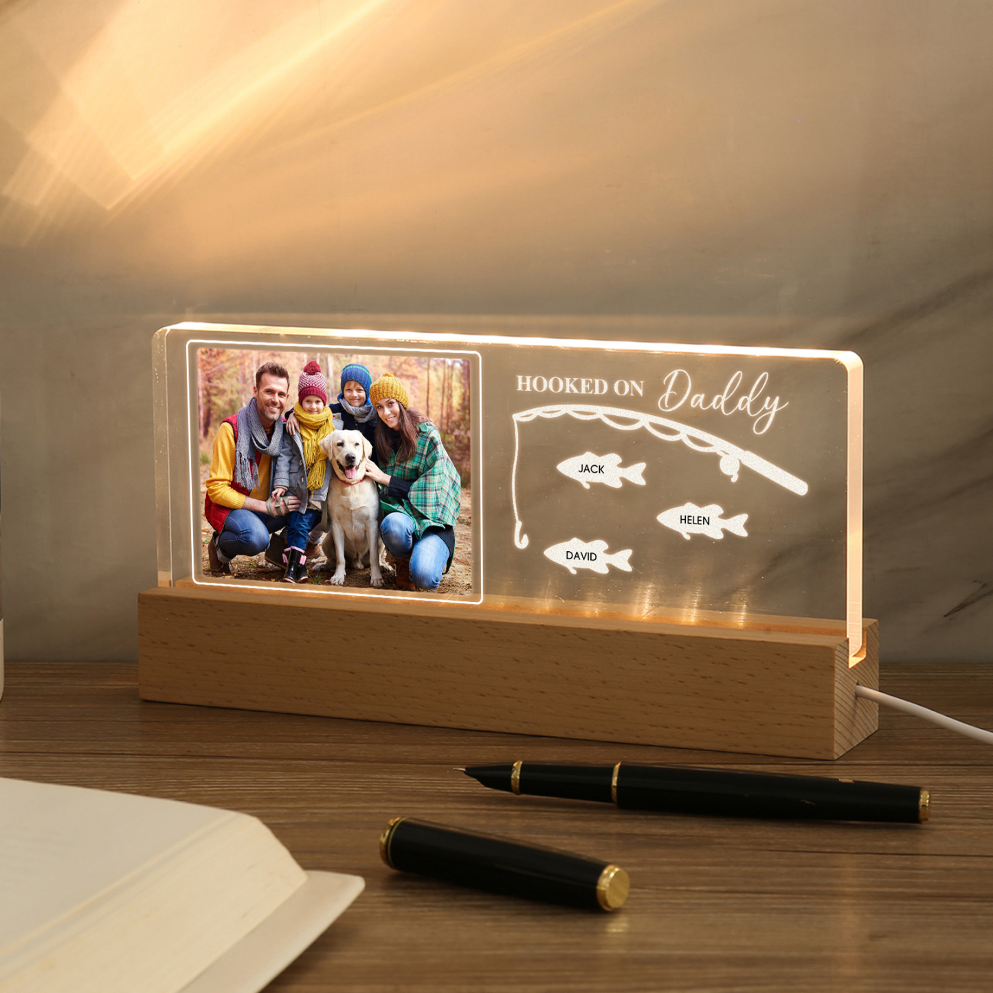 3 Names - Personalised Photo Fishing Pattern Desk Lamp Father's Day Gift For Dad