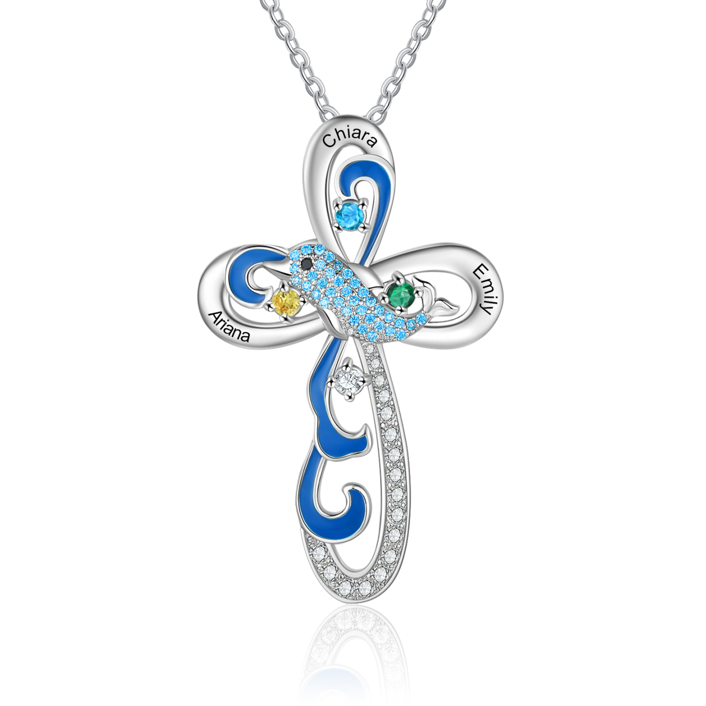 Personalized Dolphin Necklace With Names Custom 3 Birthstones Cross Necklace Gifts for Her