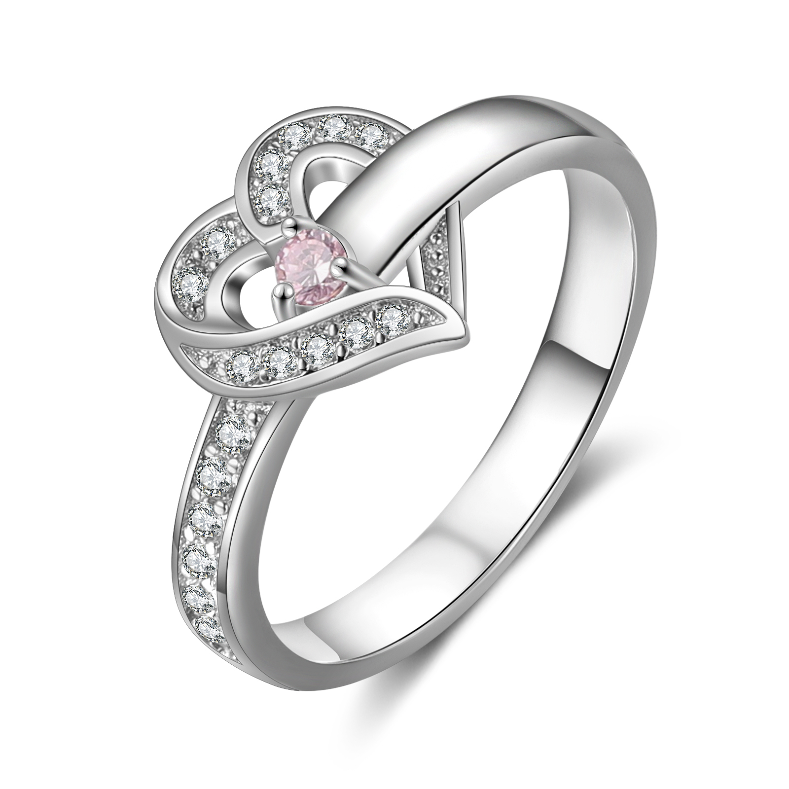 1 Name-Personalised S925 Sterling Silver Heart Ring With 1 Birthstone Engraved Names Ring Gift For Women