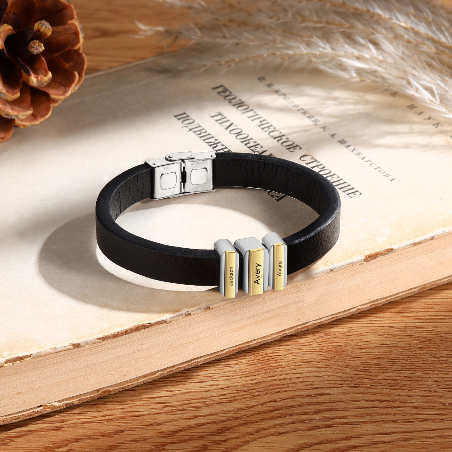 3 Names Personalised Stainless Steel Leather Bracelet Engraved Name Men's Bracelet Gift for Dad