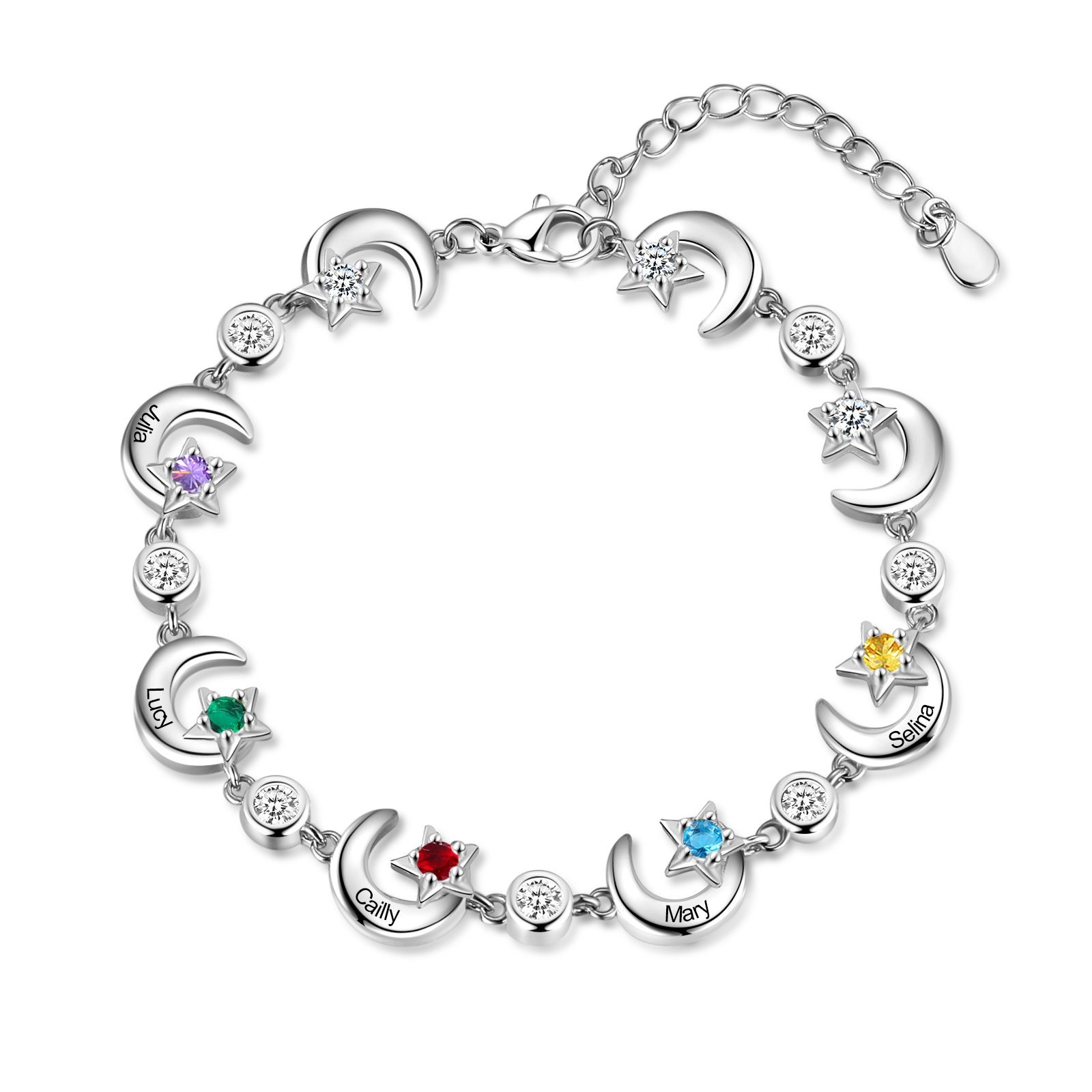 5 Names-Personalised Moons And Stars Bracelet With 5 Birthstones Custom Names Bracelet Gift For Women