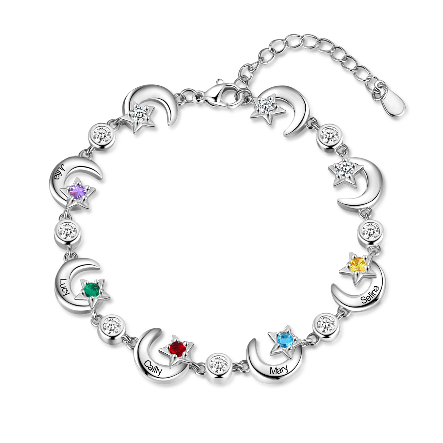5 Names-Personalised Moons And Stars Bracelet With 5 Birthstones Custom Names Bracelet Gift For Women