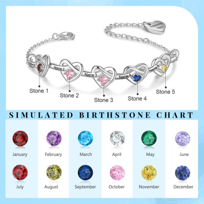 5 Names-Personalized Linked Heart Bracelet With 5 Birthstones Engraved Names And Text Bangle For Her