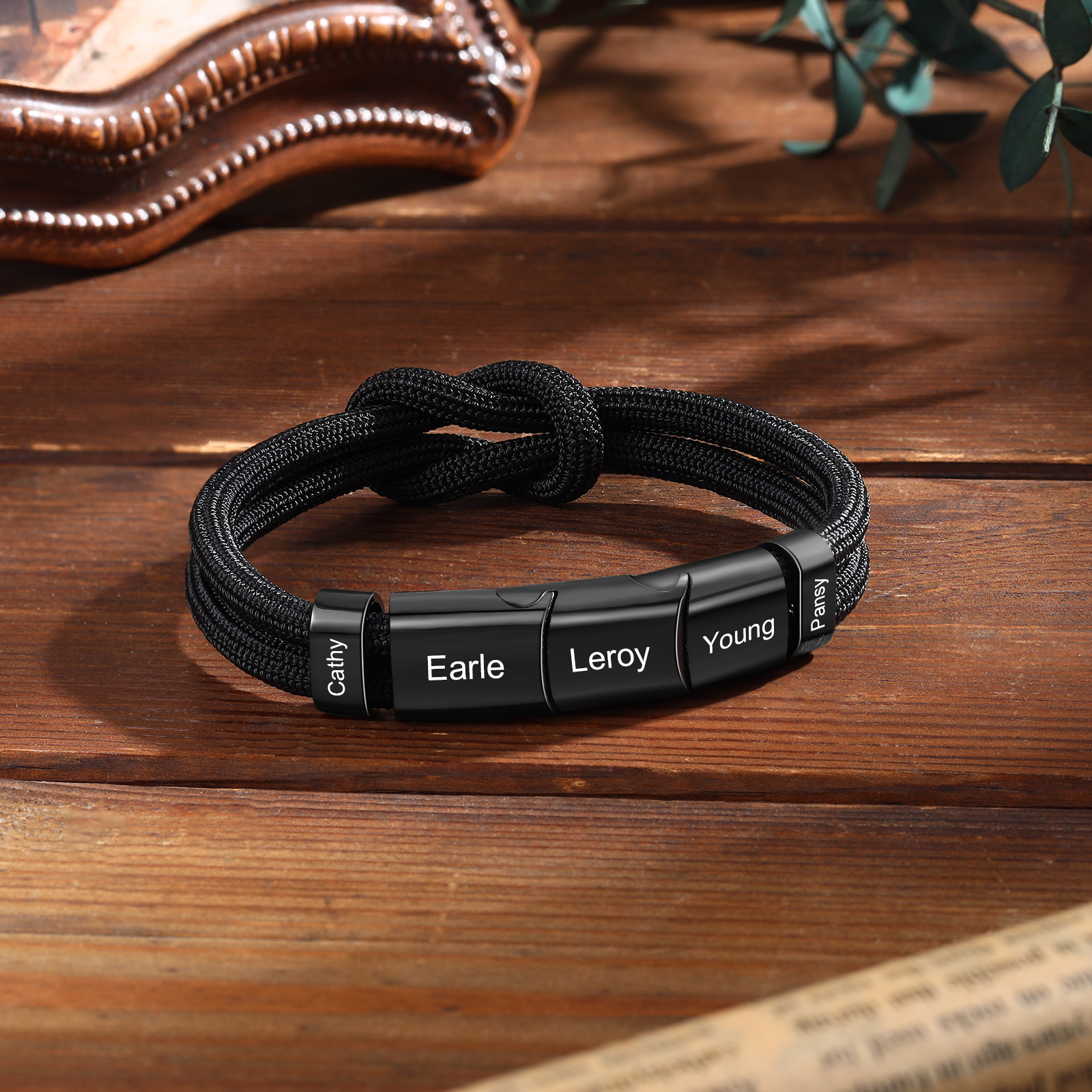 5 Names - Personalised Name Braided Leather Bracelet Engraving Men's Bracelet for Dad