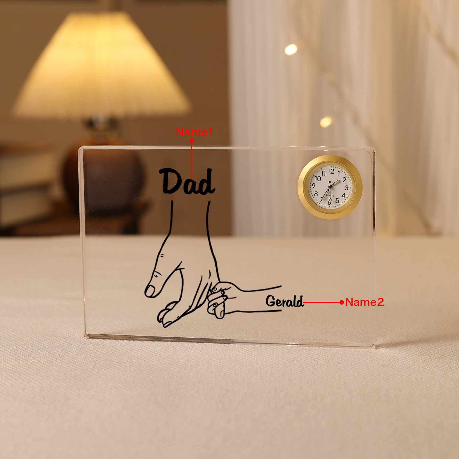 2 Names - Personalised Holding Hands Pattern Custom Name Acrylic Rectangular Clock Ornament Father's Day Gift