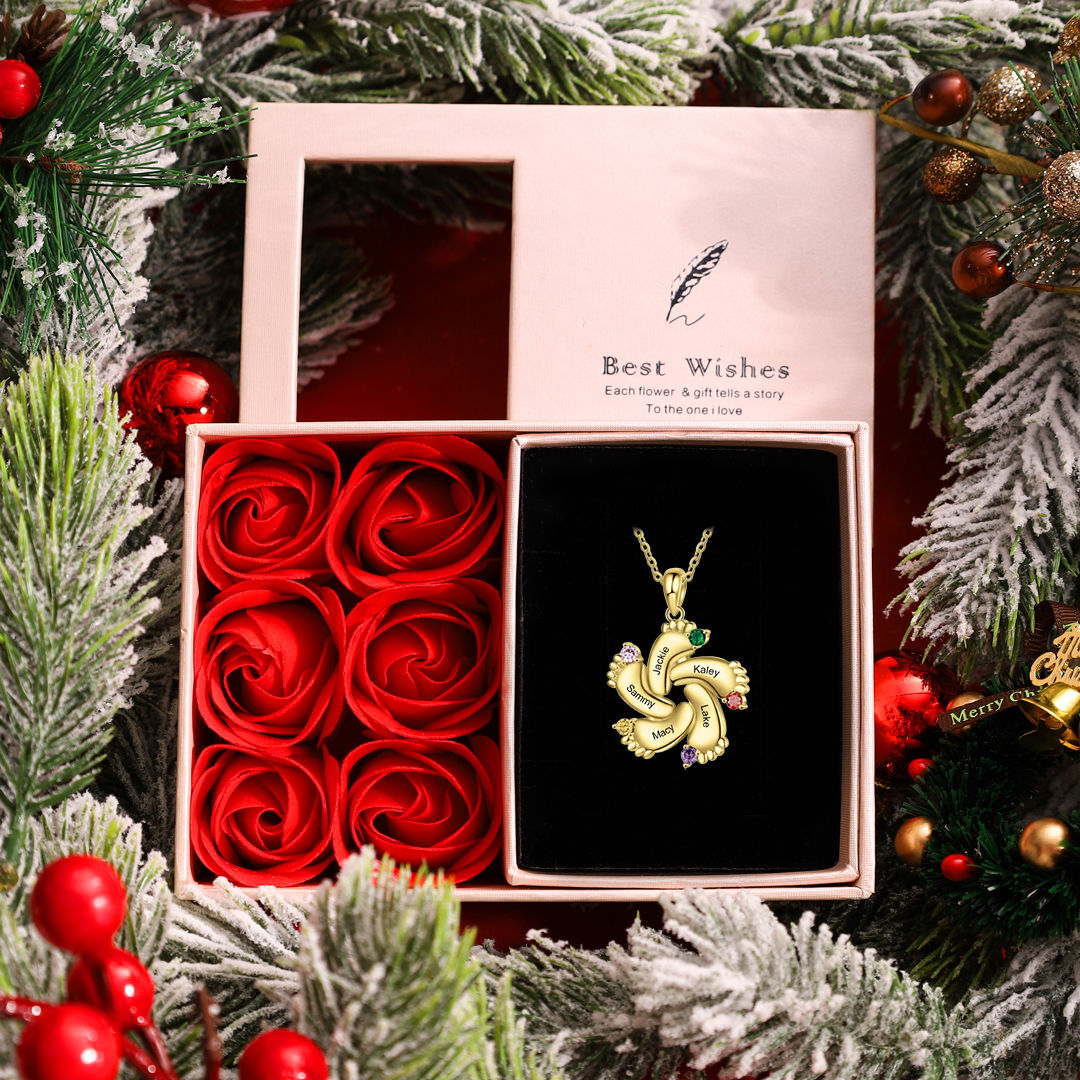 5 Names-Personalised Baby Foot Necklace Gift Set With Rose Box-Custom Women Necklace With 5 Birthstones Engraved Names Gift For Mother/Her
