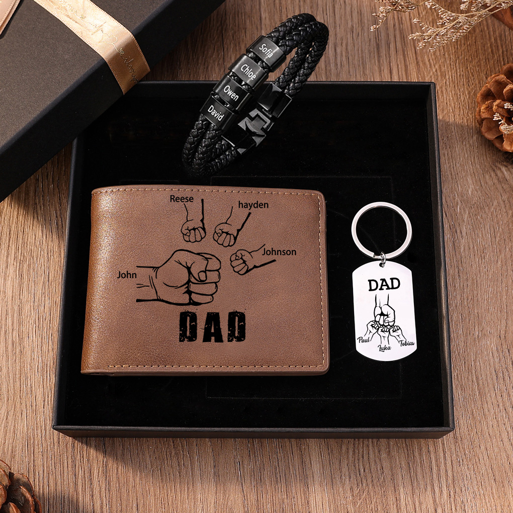 Personalised 4 Names Gift Set Custom Wallet & Bracelet & Keychain Gift Box Set Father’s Day Gifts