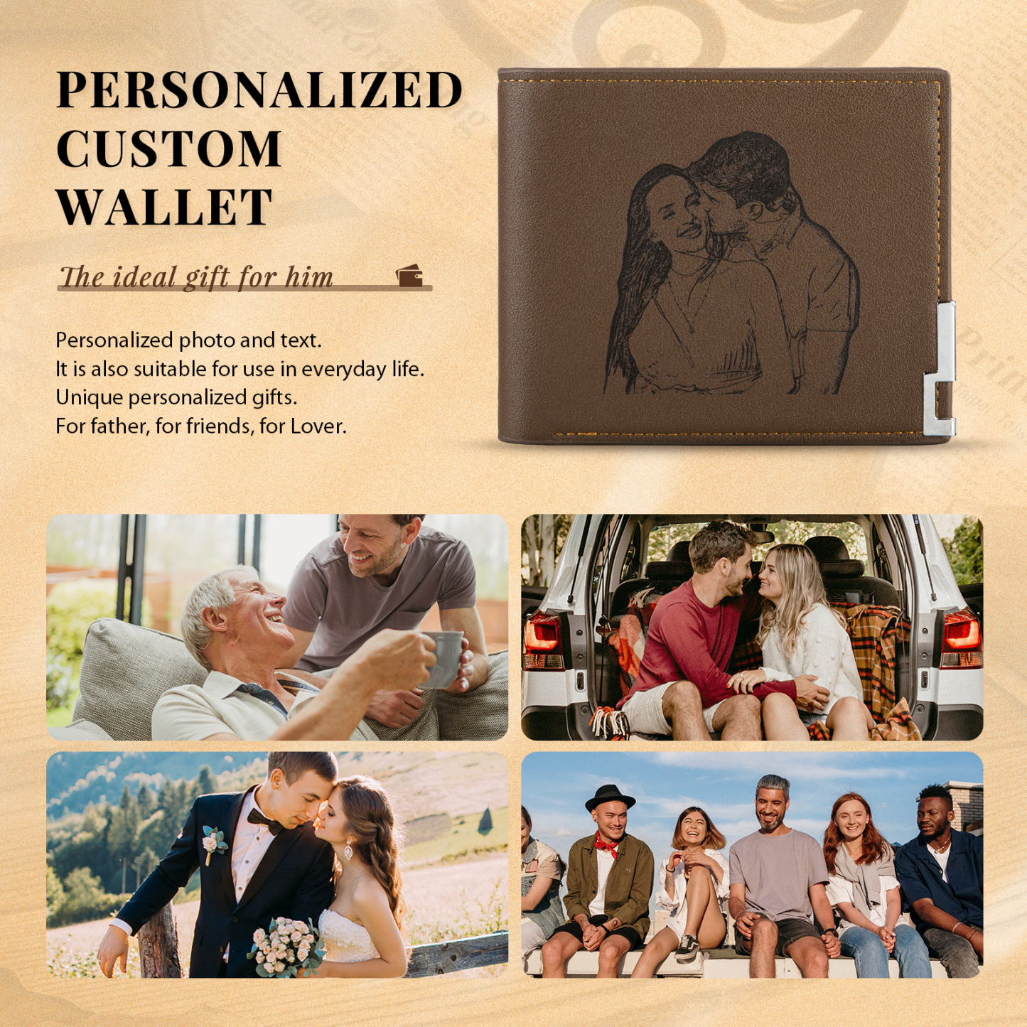 Personalised Leather Wallet Engraved Photo Folding Wallet Short  Love Gifts For Him