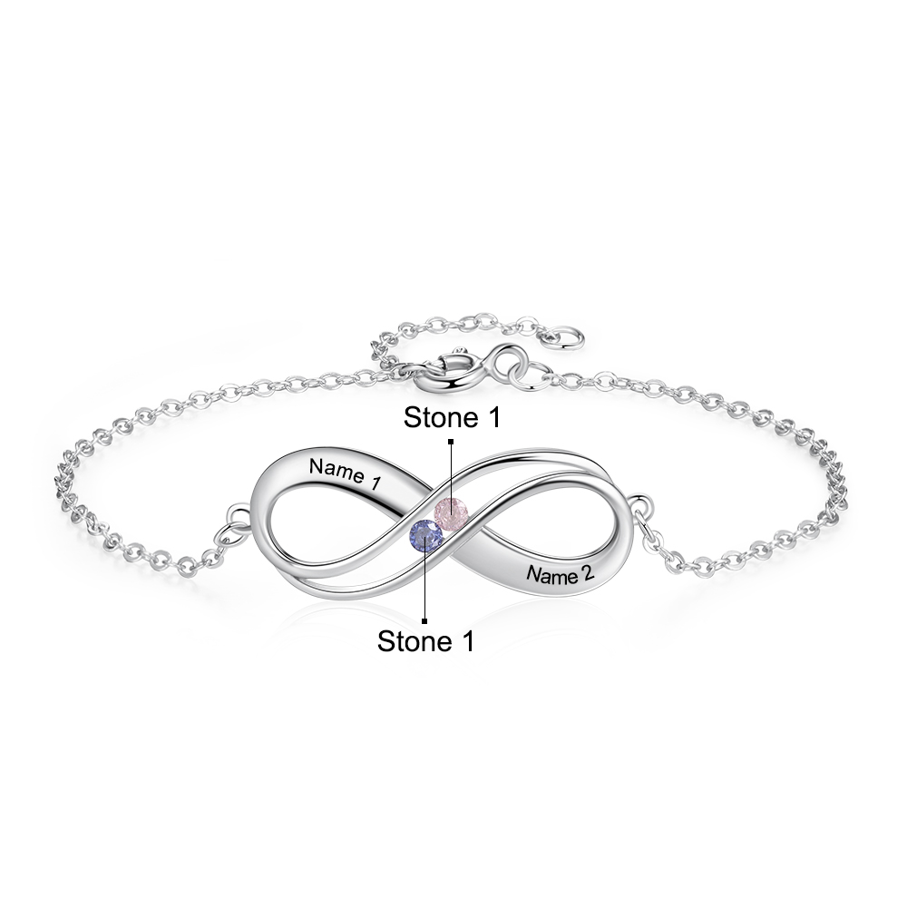 Infinity 925 Sterling Silver Heart 2 Birthstones Bracelet