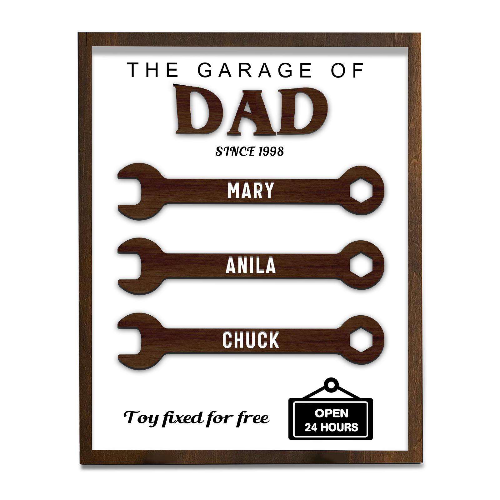3 Names - Personalised Repair Tool Style Home Photo Frame Wooden Decor Father's Day Gift for Dad