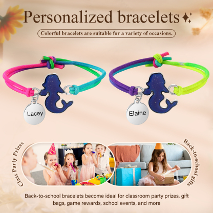 2 PCS Personalised Custom Name Mermaid  Elastic Rope Bracelet Back To School Season Children's Gift