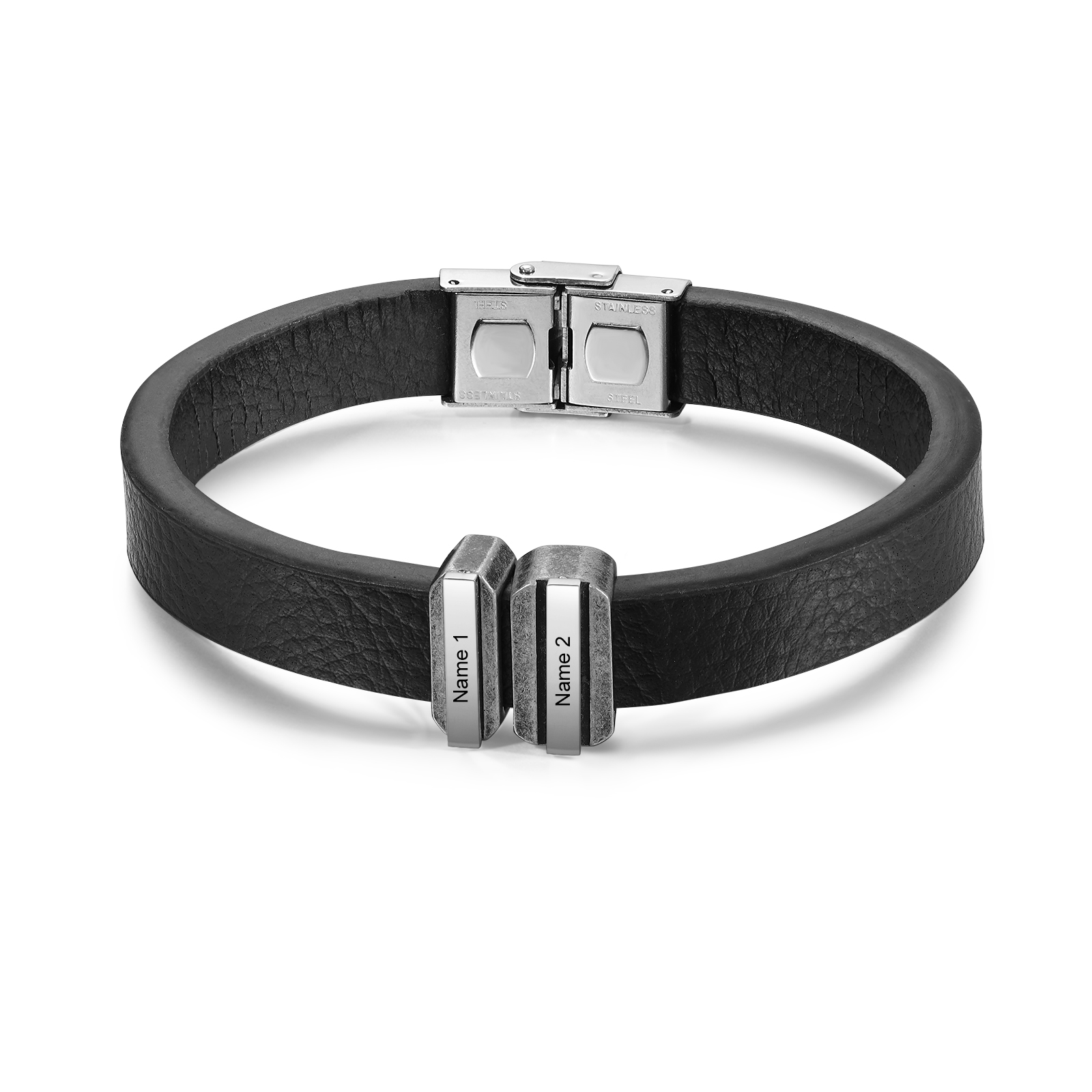 2 Names Personalised Stainless Steel Leather Bracelet Engraved Name Men's Bracelet Gift for Dad