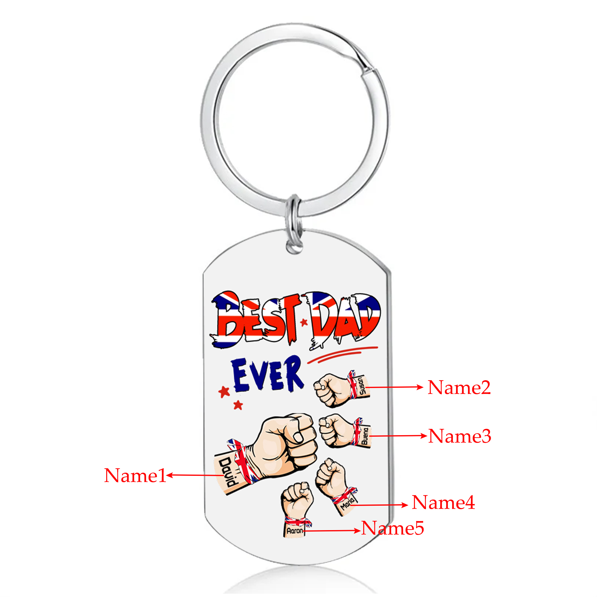 5 Names - Personalised Fist Bump Pattern Keyring Custom Name Gift for Dad
