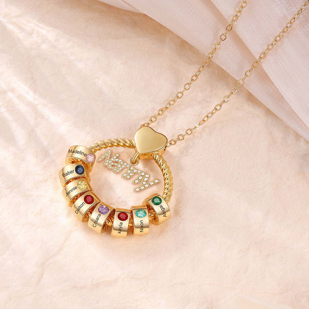 8 Names-Personalised Nanny Circle Necklace With 8 Birthstones Pendant Engraved Names Gift For Nanny