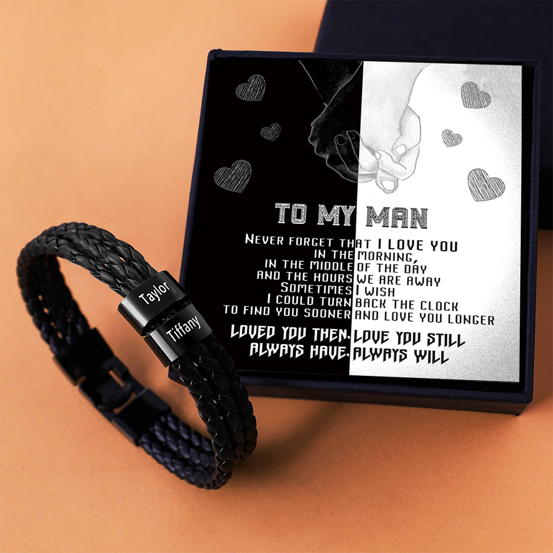 Personalised Braided Leather Bracelet Engraved 2 Names Men's Bracelet Gifts For Him