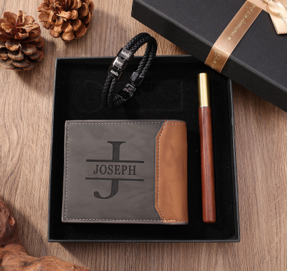 Personalised 1 Photo & 1 Letter & 3 Names Gift Set Custom Wallet & Bracelet & Pen Gift Box Set Father’s Day Gifts