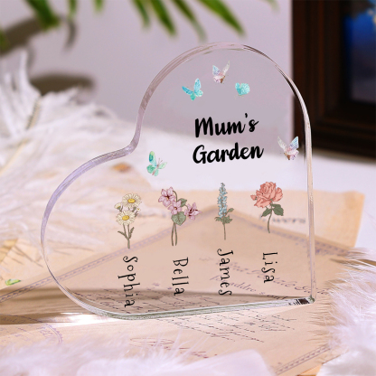 Customized 1-6 Names Birth Flower Name Acrylic Heart Shaped Ornament Butterfly Style Plaque Decoration for Mum/Nana