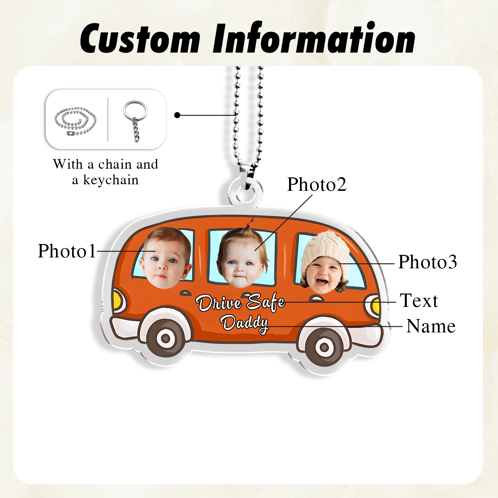 Acrylic Keyring/Decoration Personalised 3 Photos, Name And Text Driving Pattern Pendant For Dad