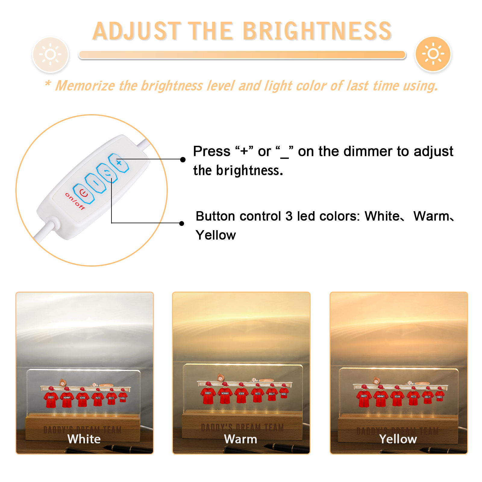 6 Names - Personalised Baseball Jersey Desk Lamp - Dad's Dream Team - Father's Day Gift for Dad