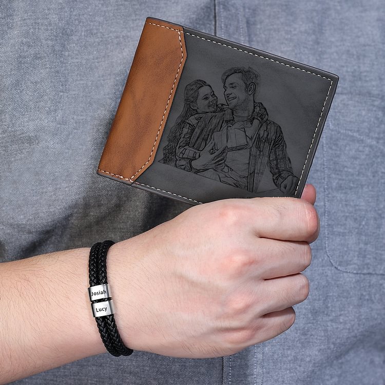 Personalised 1 Photo & 1 Letter & 3 Names Gift Set Custom Wallet & Bracelet & Pen Gift Box Set Father’s Day Gifts