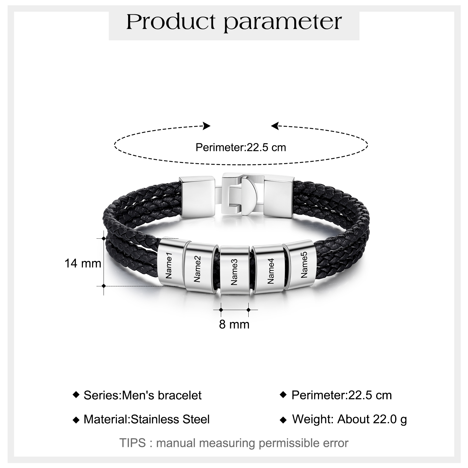 Personalised Braided Leather Bracelet Engraved 5 Names Men's Bracelet Gifts For Him