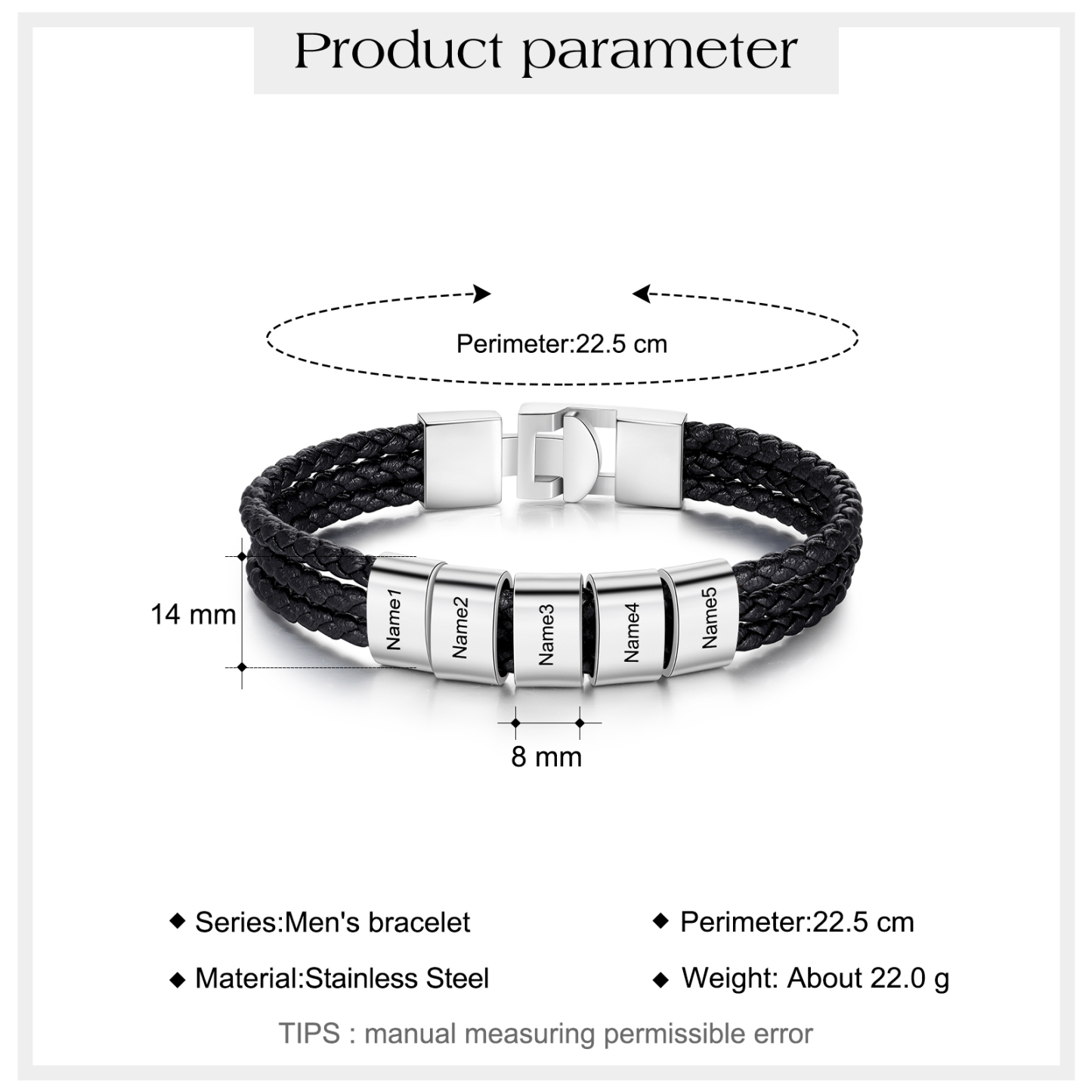 Personalised Braided Leather Bracelet Engraved 5 Names Men's Bracelet Gifts For Him