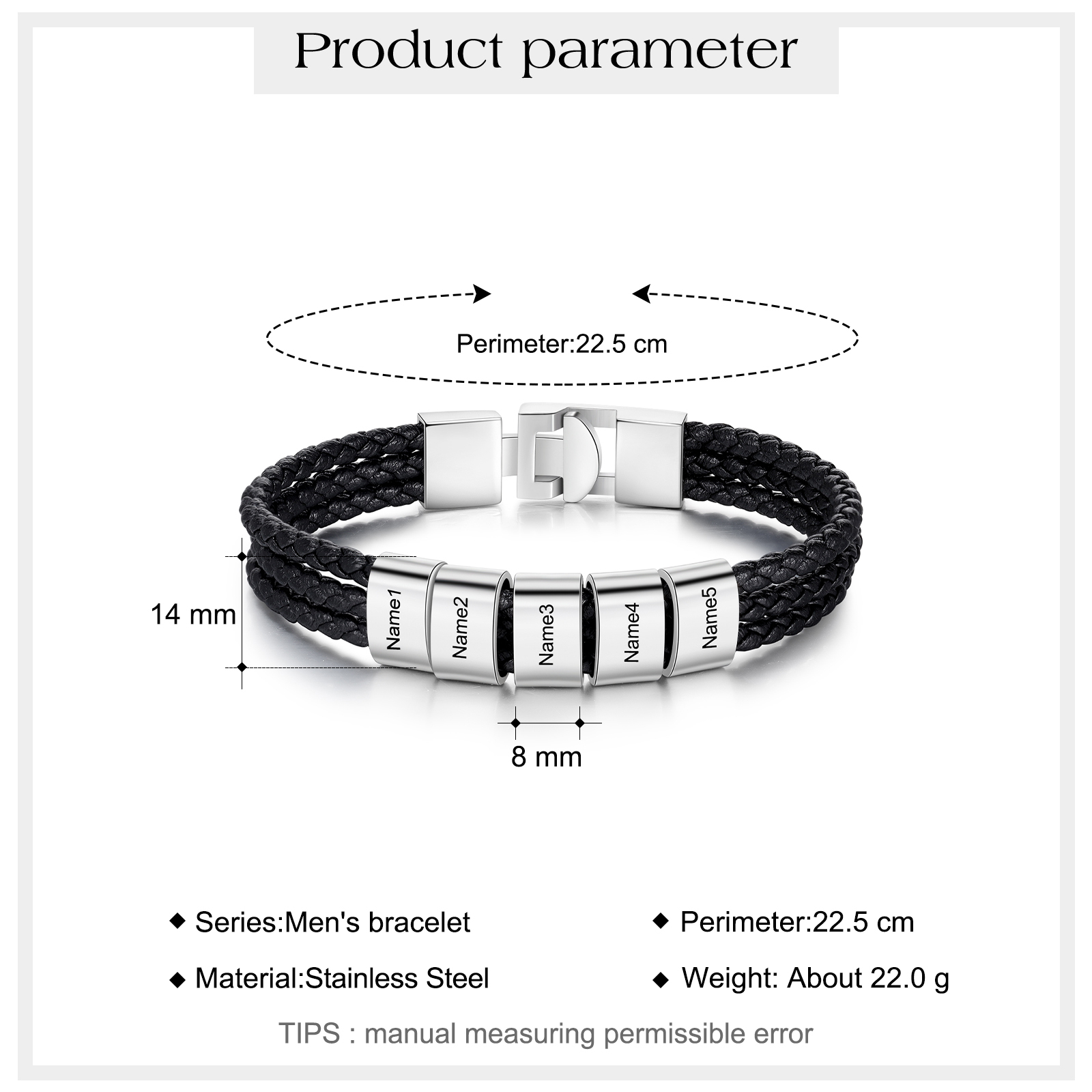 Personalised Braided Leather Bracelet Engraved 5 Names Men's Bracelet Gifts For Him