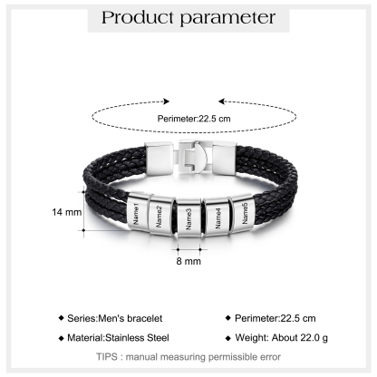 Personalised Braided Leather Bracelet Engraved 5 Names Men's Bracelet Gifts For Him