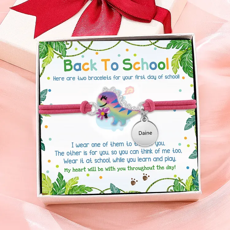 2 PCS Bracelet Set Custom Names Green Dinosaur Charm Hair Ties Back To School Gift for Girls - My Heart Will Be With You Throughout The Day