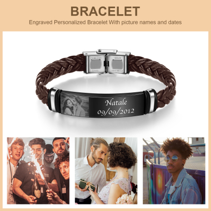 Personalised PU Leather Men's Photo Bracelet, Custom Name Bracelet Vintage Gift for Him