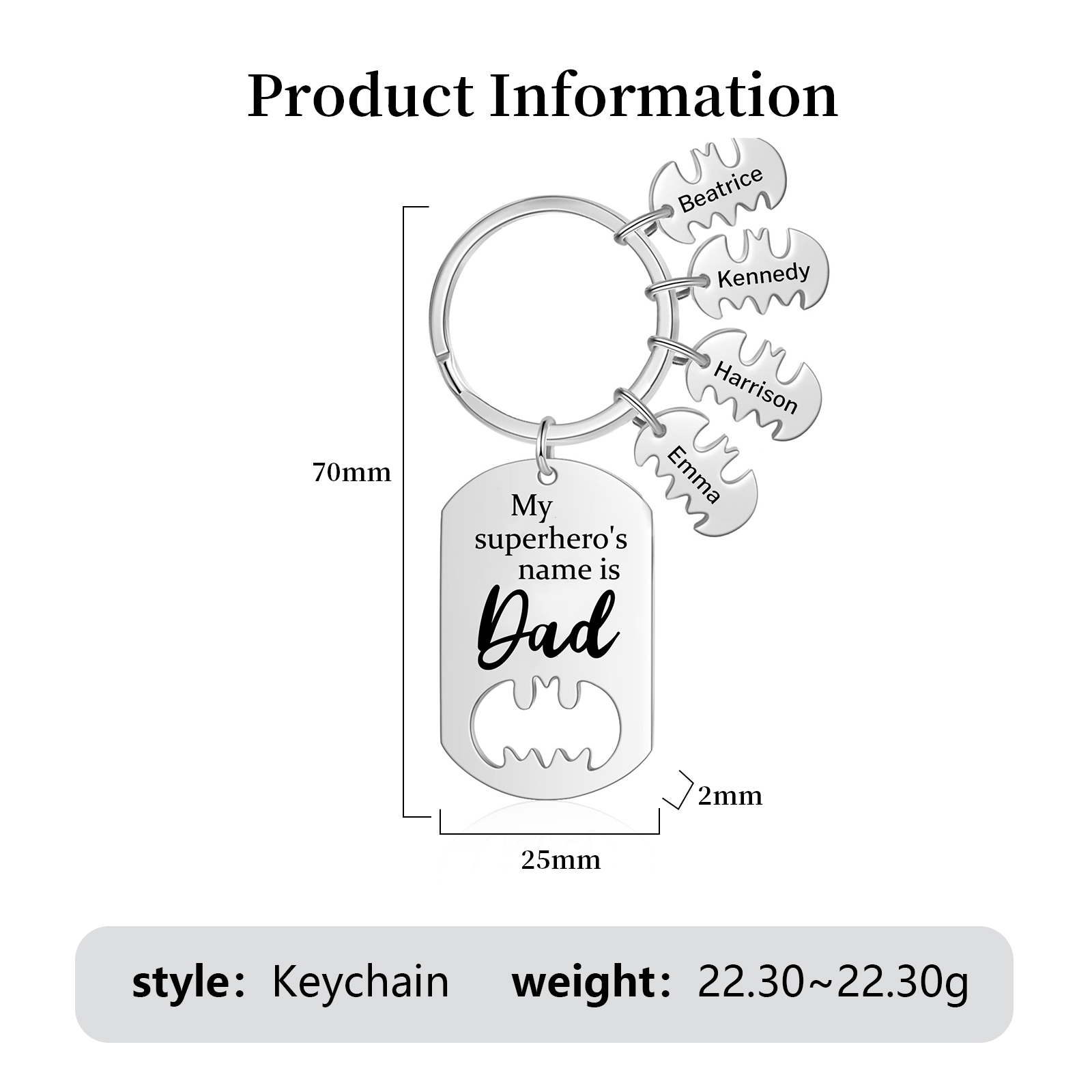 4 Names -Personalised Bat Keyring Father Keyring Gifts for Batman Dad - My Superhero's Name Is Dad