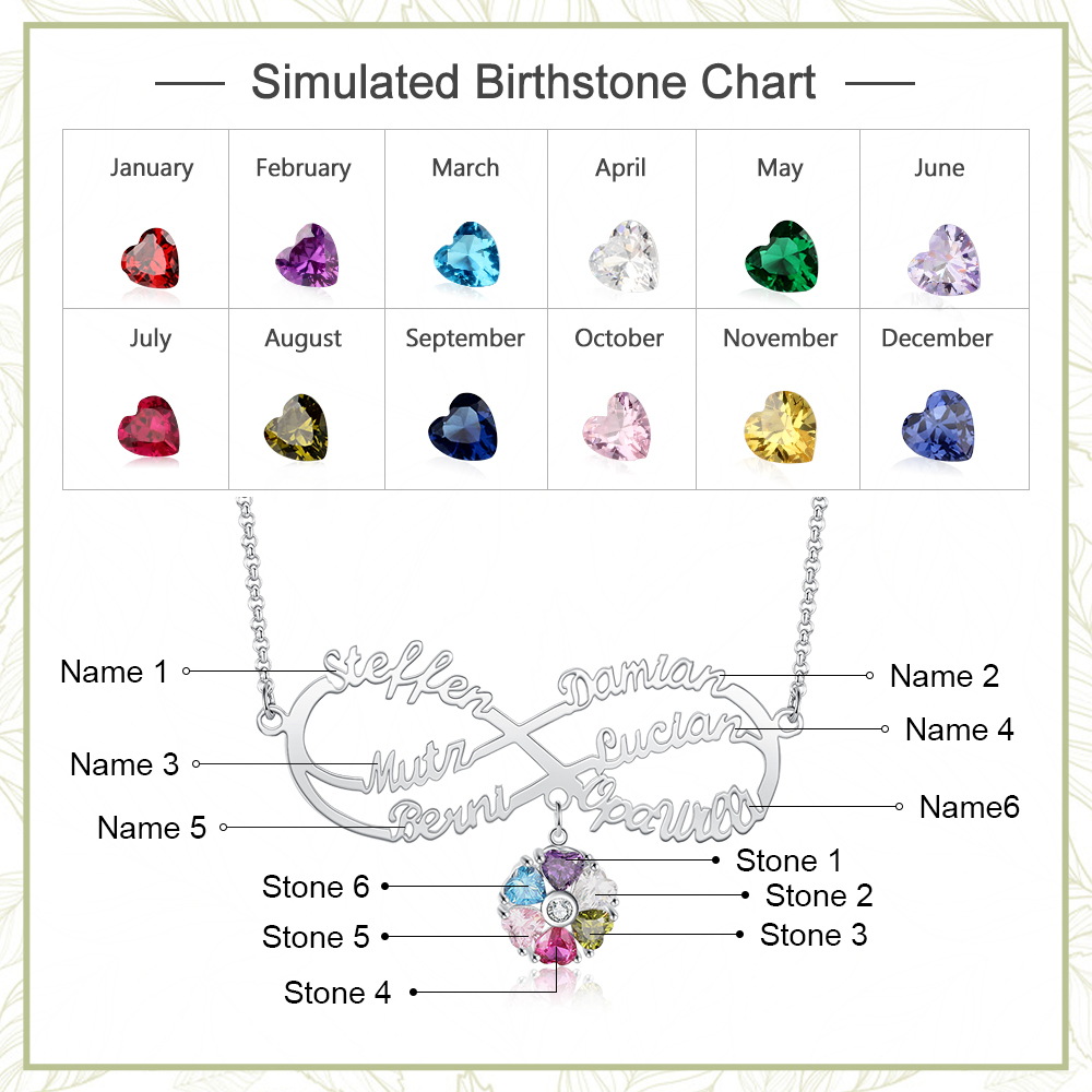 Personalised Infinity Necklace With 6 Birthstones Engraved Names Necklace Gift For Women