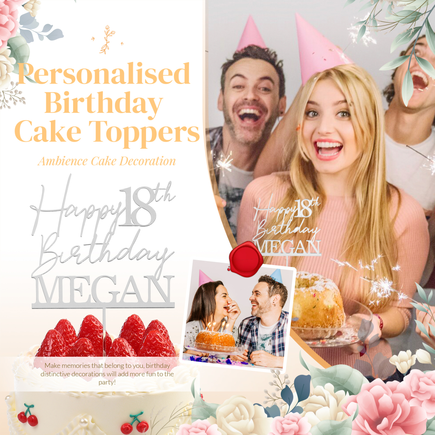 Personalized Custom Text And Name - Happy 18th Birthday Cake Topper For Birthday