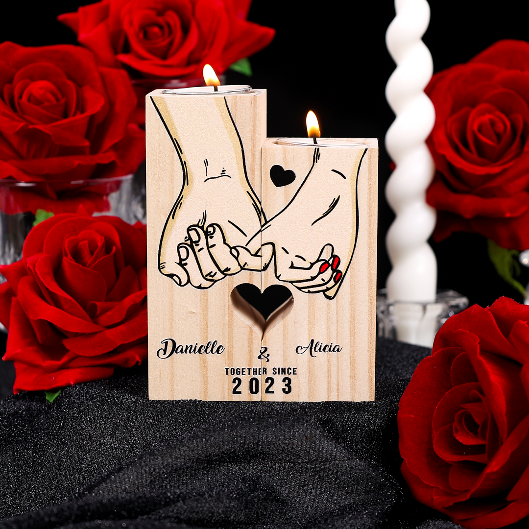 Personalised Pinky Promise Couple Candle Holder Engrave Name Wooden Candlesticks