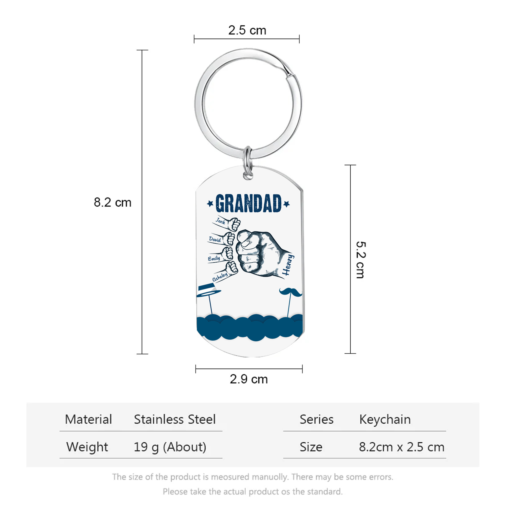 5 Names - Personalised Custom Fist Bump Keyring Hat and Beard Style Keyring Gift for Dad