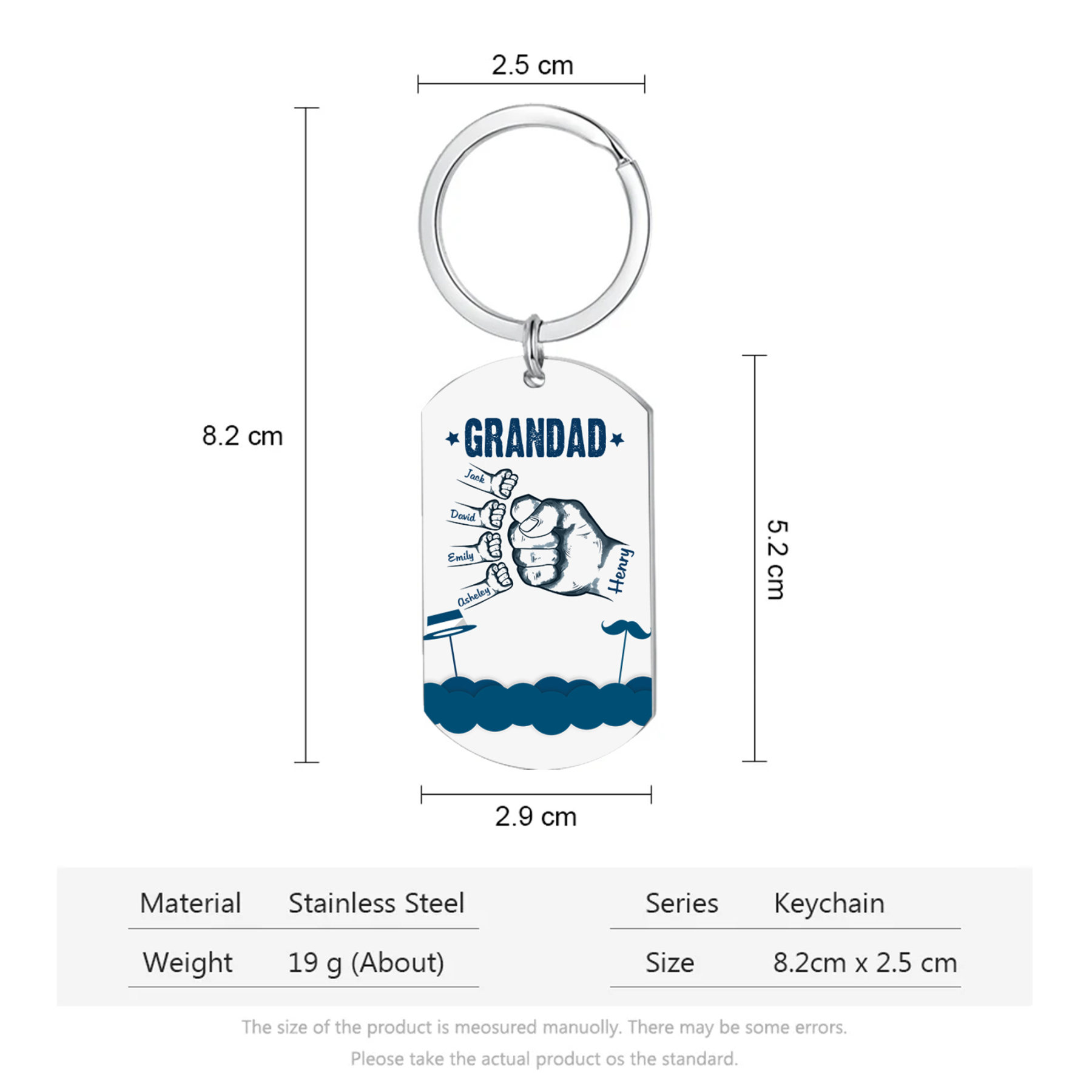 5 Names - Personalised Custom Fist Bump Keyring Hat and Beard Style Keyring Gift for Dad