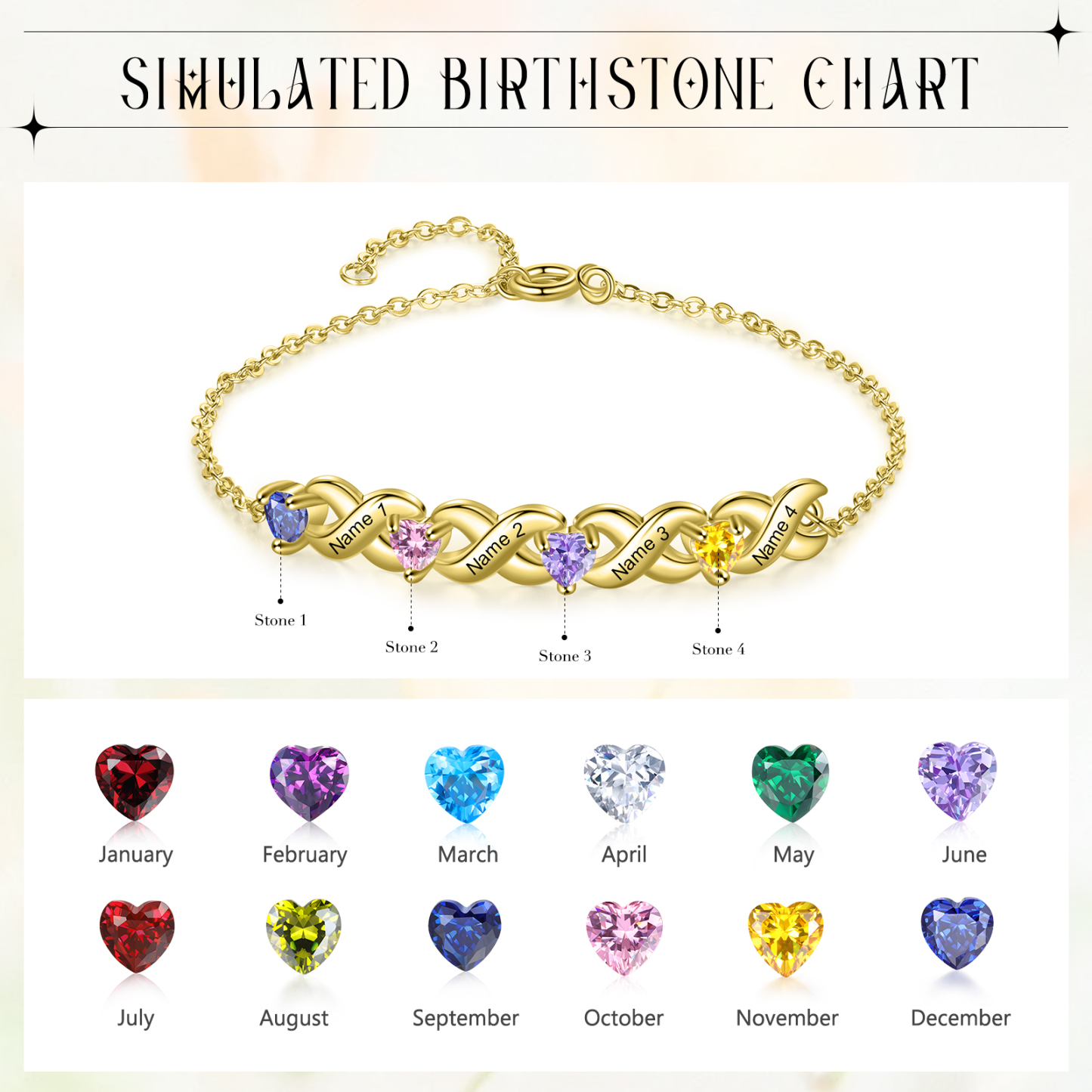 Personalised Bracelet With 4 Heart Birthstones Engraved Names Bracelet Gift For Women
