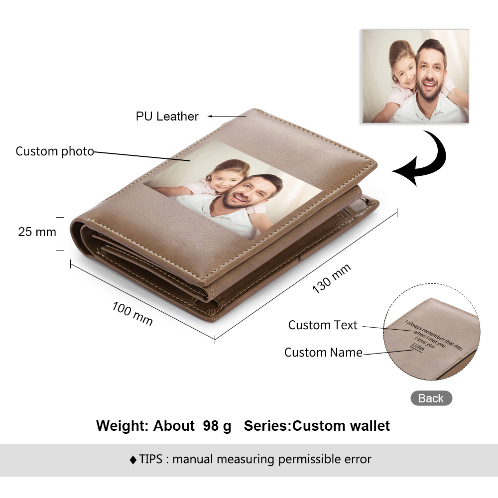 Personalised Photo Customized Leather Men's Wallet Customized Name and Text as Father's Day Gift for Dad